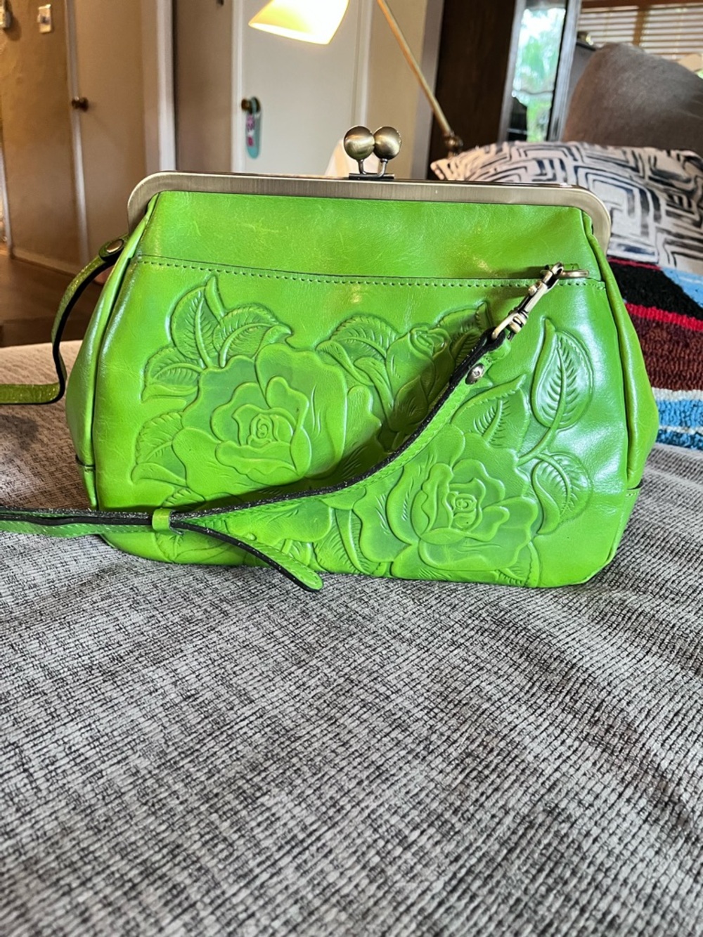 Patricia Nash Lime Green Floral Embossed Leather Crossbody 9x13x4